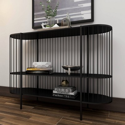 Sleek Black Metal Console Table with Dual Storage Shelves