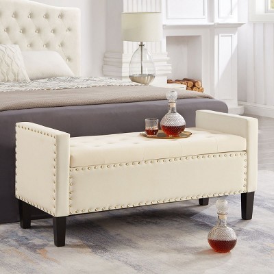 Upholstered Tufted Button Storage Bench with Nails Trim,Velvet Upholstered Entryway Bench Living Room Padded Seat with Armrest,Bed Bench-Cuddlewood