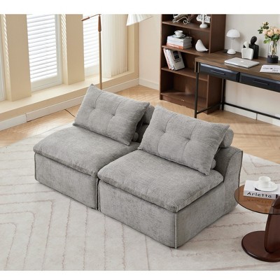 Modular 2-Seater Sofa Chair, w/Neck & Lumbar Pillows - Soft Chenille, Armrest-Free, At will DIY, Space-Saving