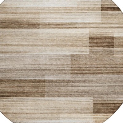 8' Brown And Ivory Round Striped Washable Indoor Outdoor Area Rug