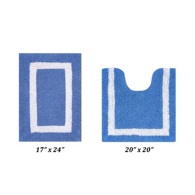 Plush Blue and White Cotton Reversible Bath Rug Set - 2 Piece
