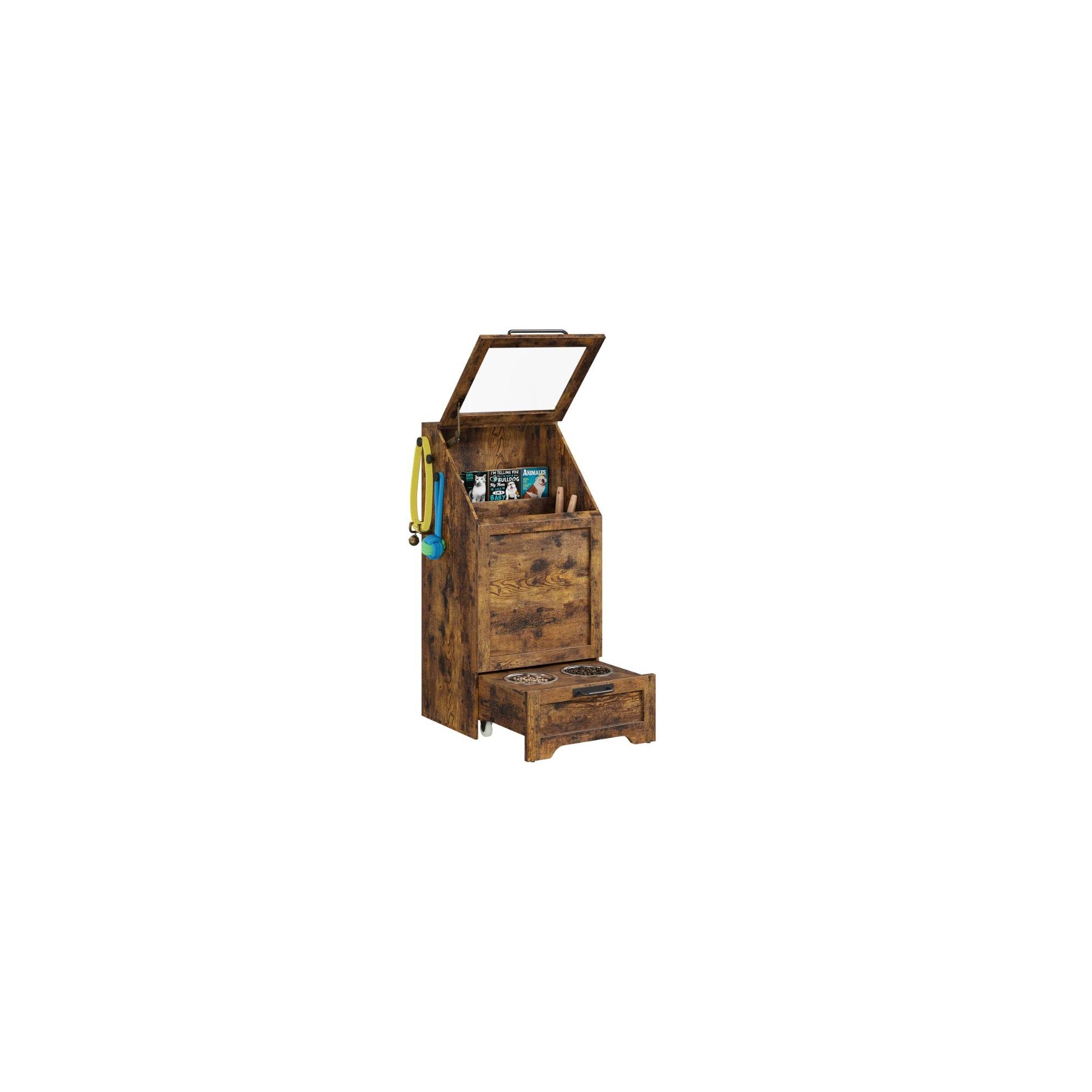 Dog Feeding Station,Pet Feeder Station Food Cabinet with Raised Bowls,Dog Feeder Cabinet Container with Hanger for Feeding and Watering Supplies
