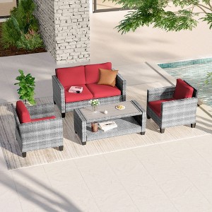 Sonkuki 4 Pieces Patio Conversation Set, Loveseat Sofa with Coffee Table, All-Weather PE Rattan Wicker Sofa - 1 of 4