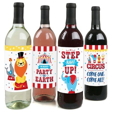 Big Dot of Happiness Carnival - Step Right Up Circus - Carnival Themed Party Decorations for Women and Men - Wine Bottle Label Stickers - Set of 4