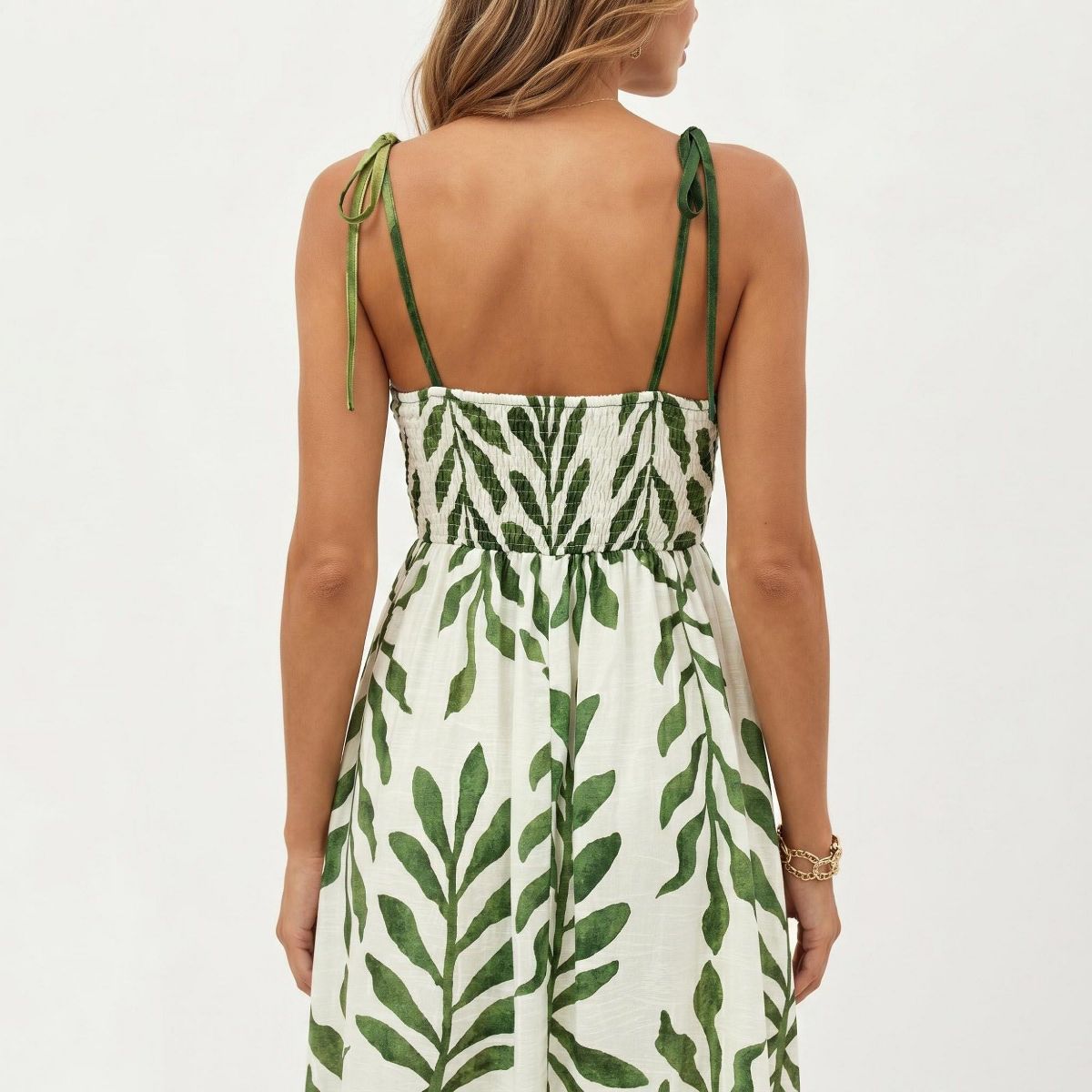 Anna-Kaci Women's Sleeveless Midi Dress with Leaf Print Tie Shoulder Straps Smocked Back Flowy A-Line Silhouette - thumbnail 6