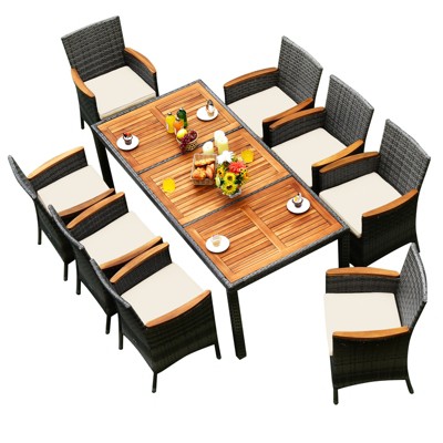 Mix Gray 9-Piece Outdoor Wicker Dining Set with Acacia Wood Table and Beige Cushions