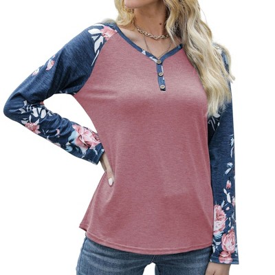 Anna-Kaci Women's Long Sleeve Raglan Henley Top with Button Detail and Floral Print Sleeves
