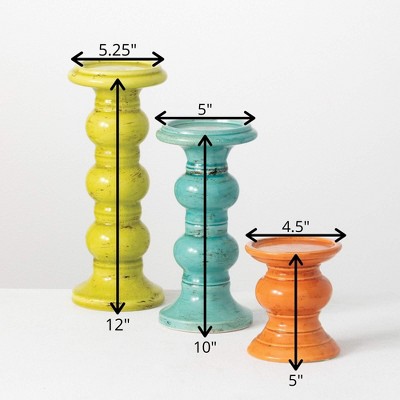 Colorful Ceramic Pillar Candle Holders with Bubble Stem, Set of Three