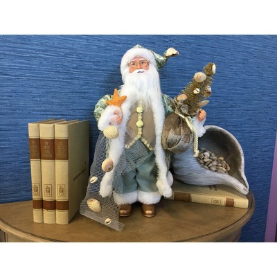 15" Coastal Santa Figurine with Seafoam Jacket and Shell Accents