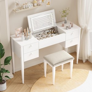Acekool Makeup Vanity Desk with LED Mirror, 3 Lighting Modes, 4 Drawers, Matching Stool, Modern White Vanity Table Set for Bedroom - 1 of 4