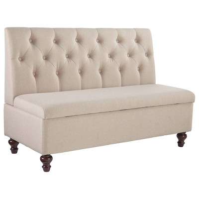 53" Button Tufted Fabric Storage Bench with Turned Legs Beige - Benzara