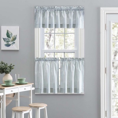 Blue Striped Cotton-Polyester Rod Pocket Valance