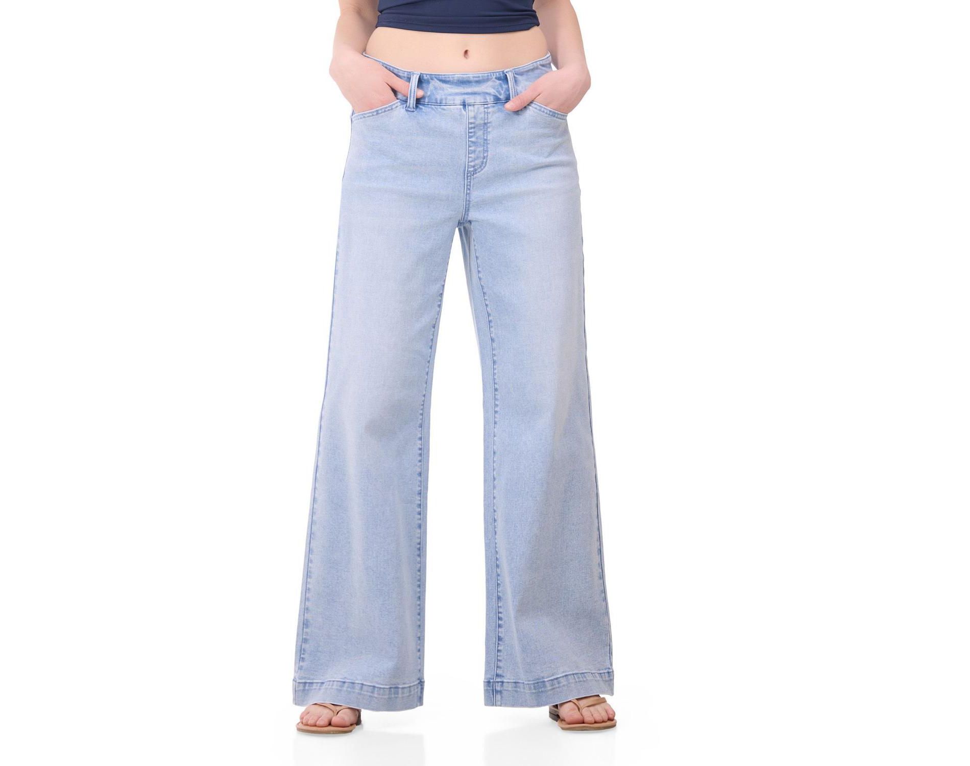 Rekkuna Women's Pull-On Wide Leg Jeans – Mid-Rise Stretch Shaping Denim with Slant Pockets and Flattering Fit