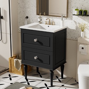MOEPISY 24 inch Bathroom Vanity Cabinet with Ceramic Sink Combo Set with 2 Drawers, Black - 1 of 4