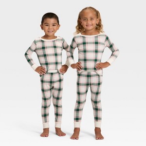 Toddler Plaid Ribbed Long Sleeve Shirt and Pants Holiday Matching Family Pajama Set - Wondershop™ Cream - 1 of 4