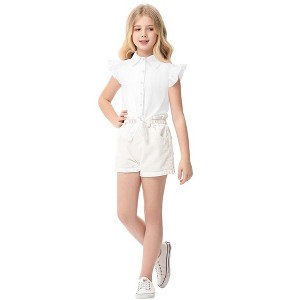 Girls Tie Front Knot Tops with Ruffle Sleeve Plaid Tops Tie Front Blouse Short Sleeve Button Down Shirts for Toddler Girls - 1 of 4