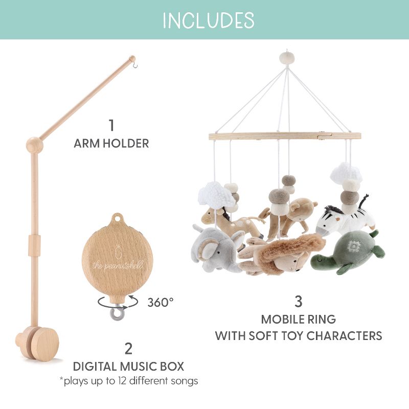 The Peanutshell Deluxe Wooden Crib Mobile Set with Arm, Music Box and Safari Serenity Baby Mobile, Multicolored, 2 of 8