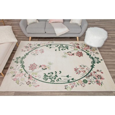 Ivory and Pink Floral Oval Transitional Area Rug 9' x 12'
