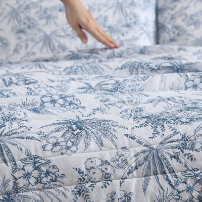 Blue Cotton Twin Reversible Quilt Set with Trim
