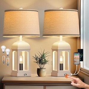 KTMBDW Set of 2 Farmhouse Lamps, Rustic Vintage Bedroom Table Lamp with 2 USB Charging Ports for End Table Entryway, 4 Bulbs Included - 1 of 4