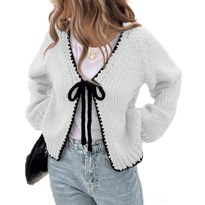 Women's Casual Knit Cardigan Front Tie Bell Long Sleeves Open Front Lightweight Sweater Cardigan