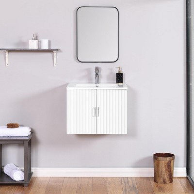 24" Bathroom Vanities Cabinet with Sink Combo, Wall-Mounted Floating Bathroom Vanity with White Ceramic Sink