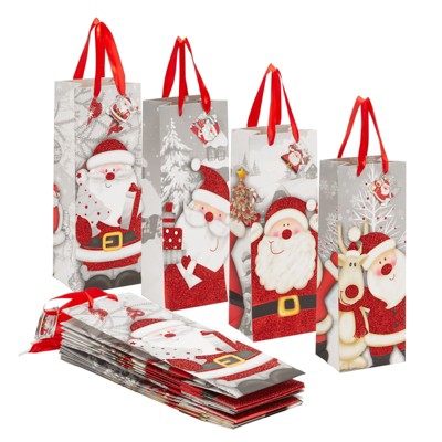 Juvale 12 Pack Christmas Wine Gift Bags with Ribbon Handles, 5 x 13.5 x 4 in