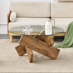 VYNXARIA 33.4" Circular Glass Coffee Table - Modern Design with Wood-Colored MDF Legs - 1 of 4