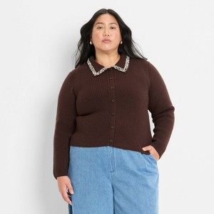 Women's Embellished Collar Cardigan Sweater - Future Collective Dark Brown - 1 of 3