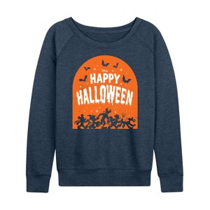 Women's - Disney - Happy Halloween Tombstone Lightweight French Terry Wide Neck Long Sleeve Graphic Shirt - 1 of 4