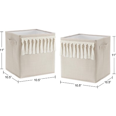 Taupe and Ivory Boho Fringe Foldable Fabric Storage Bins