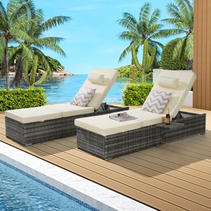 Outdoor Recliner Set of 2,Rattan Recliners With Adjustable Backrest,Table And Cushion,Recliner With Storage For Poolside-Cuddlewood - 1 of 4