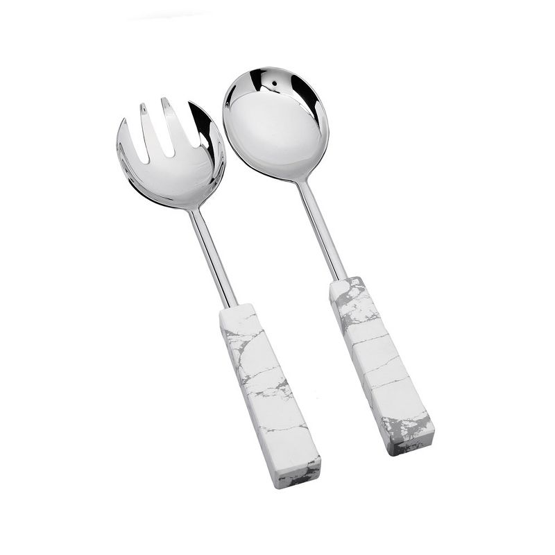 Classic Touch Set of 2 Stainless Steel Salad Servers with White and Grey Stone Handles, 2 of 3