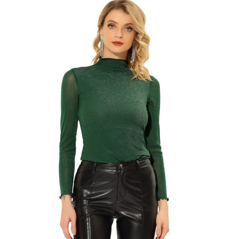 Allegra K Women's Mesh Glitter Shiny Mock Turtleneck Long Sleeve Slim Party  Shirts Green X-small : Target