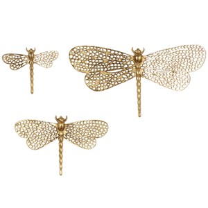 Olivia & May Set of 3 Aluminum Metal Dragonfly Wall Decors with Spotted Cutout Wings Gold: Eclectic Animal Art, Indoor Use, Made in India - 1 of 4