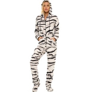 ADR Women's Plush Fleece One Piece Hooded Footed Zipper Pajamas, Soft Adult Jumpsuit PJs with Hood - 1 of 4