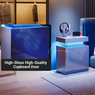 LED Nightstand with One Cabinet, Bedside Table with LED Lights, Modern End Side Table for Bedroom, Grey