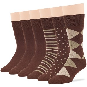 Men's Dress Socks Cotton - 6 pack- Seamless - Argyle, Dot, Striped - Shoe Size 9-12 L - Black, Brown | 7BIGSTARS KINGDOM - 1 of 4