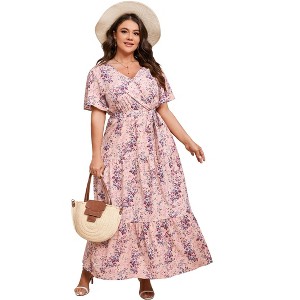 BLUEMING Summer Maxi Dress for Plus Size Women Tie Wasit Surplice Dress Flutter Sleeve A-Line Dress - 1 of 4