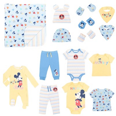 Image of Disney Mickey Mouse Newborn Baby Boys Zip Up Bodysuits T-Shirts Pants Bibs Hats Mitts and Blanket 15 Piece Layette Set 0-6 Months