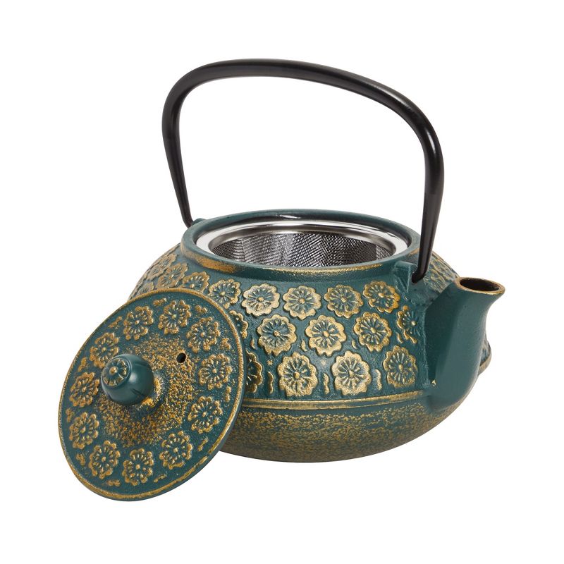 Juvale Green Cast Iron Floral Teapot Kettle with Stainless Steel Infuser Set, Japanese Tea Pot for Kitchen Pantry, 34 oz, 5 of 9