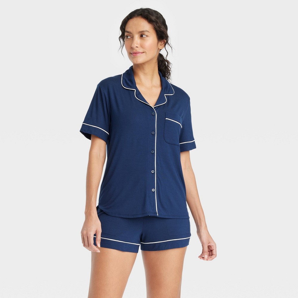 Photos - Other Textiles Women's Cloud Knit Short Sleeve Notch Collar Top and Shorts Pajama Set - A