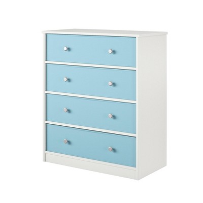 White and Light Blue Tall Nursery Dresser with Fabric Bins
