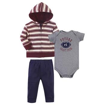 Hudson Baby Infant and Toddler Boy Cotton Hoodie, Bodysuit or Tee Top and Pant Set, One Draft Pick Baby