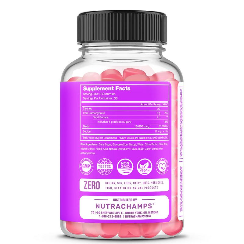 NutraChamps Biotin Gummies 10,000 mcg for Hair, Skin & Nails- 60 Vegan Chewables, 3 of 7
