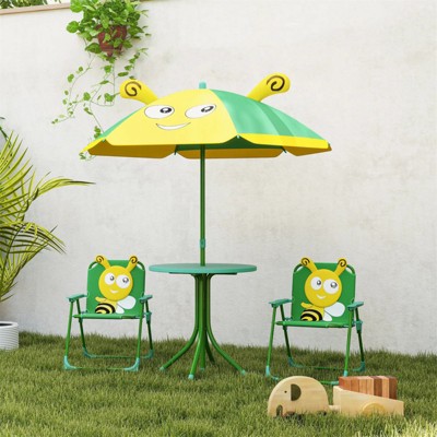 VisioGear 4PCS Kids Outdoor Activity Table with 2 Foldable Chairs and Umbrella for Patio, Backyard, Green, 19.5"*19.5"*19.7"