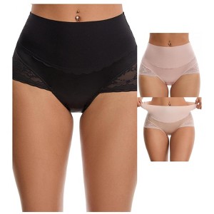INSPIRE CHIC Women's Hi-Cut Satin High Waisted Lace Trimmed Tummy Control Underpants Briefs 3 Packs - 1 of 4
