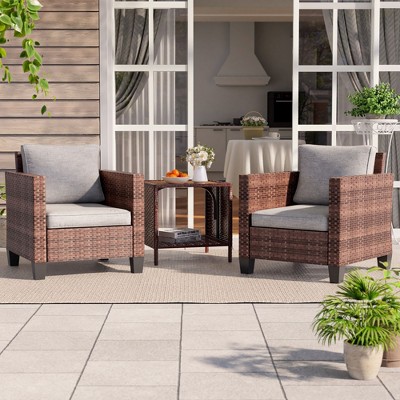 Sonkuki 3-Piece Patio Sofa Set Wicker Furniture Set Brown/Gray Rattan with Side Table