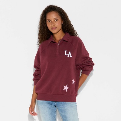 Women's LA Button-Front Graphic Pullover Sweatshirt - Burgundy - image 2