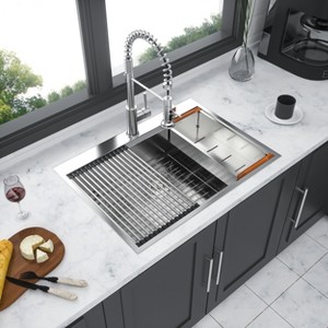 Gulches 33"x22" Drop-in Topmount Single Bowl Ledge Workstation Sink, 16G T304 Stainless Steel, Gold - 1 of 4